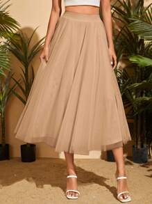 SHEIN Privé Solid Mesh Overlay Skirt - Khaki - View 1