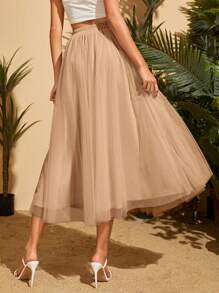 SHEIN Privé Solid Mesh Overlay Skirt - Khaki - View 2