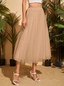 SHEIN Privé Solid Mesh Overlay Skirt - Khaki - View 3