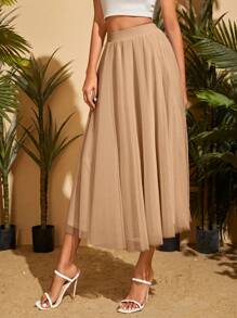 SHEIN Privé Solid Mesh Overlay Skirt - Khaki - View 4