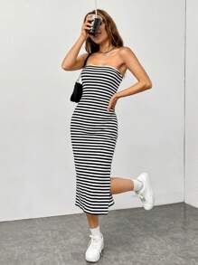 SHEIN EZwear Striped Split Thigh Tube Dress - Black and White - View 1