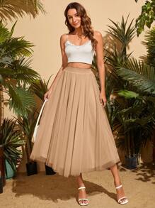 SHEIN Privé Solid Mesh Overlay Skirt - Khaki - View 5