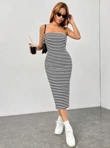 SHEIN EZwear Striped Split Thigh Tube Dress - Black and White - View 4