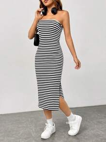 SHEIN EZwear Striped Split Thigh Tube Dress - Black and White - View 3