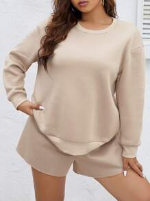 Shorts con sudadera de hombros caídos - Caqui - Ver 1