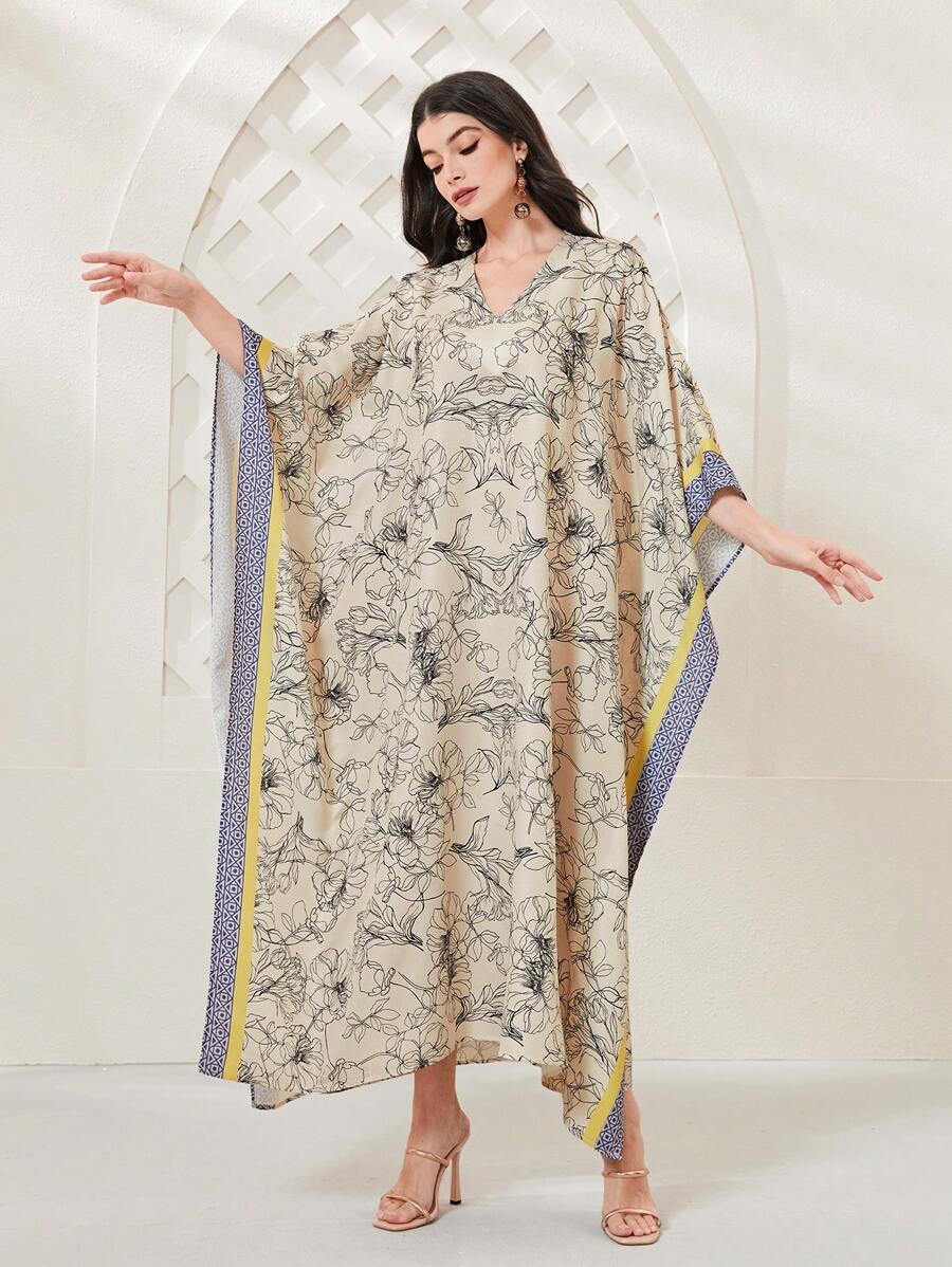 Al Najma Floral Print Batwing Sleeve Kaftan