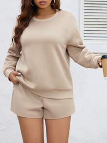 Shorts con sudadera de hombros caídos - Caqui - Ver 4