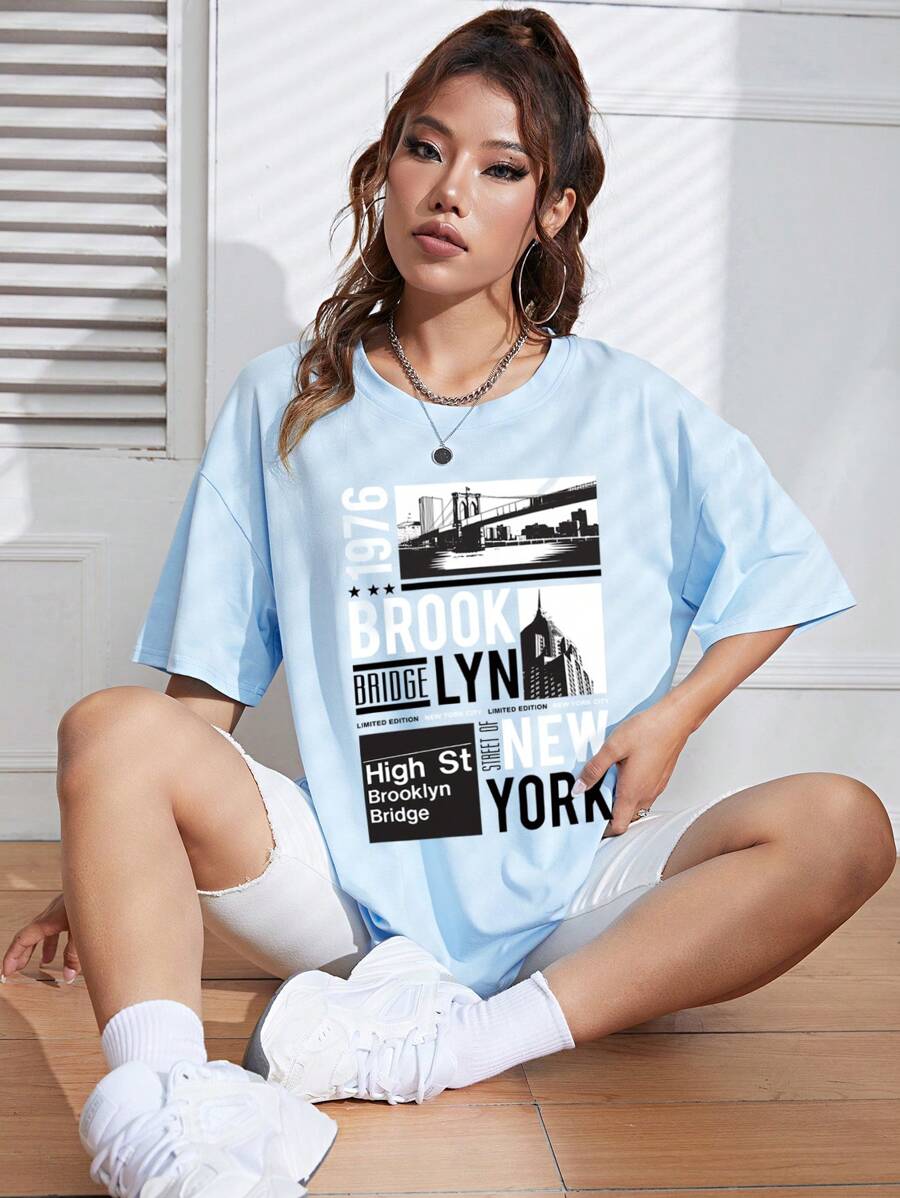 SHEIN EZwear Áo thun nữ Đồ họa Slogan Giải trí - Màu xanh nhạt - Xem 1