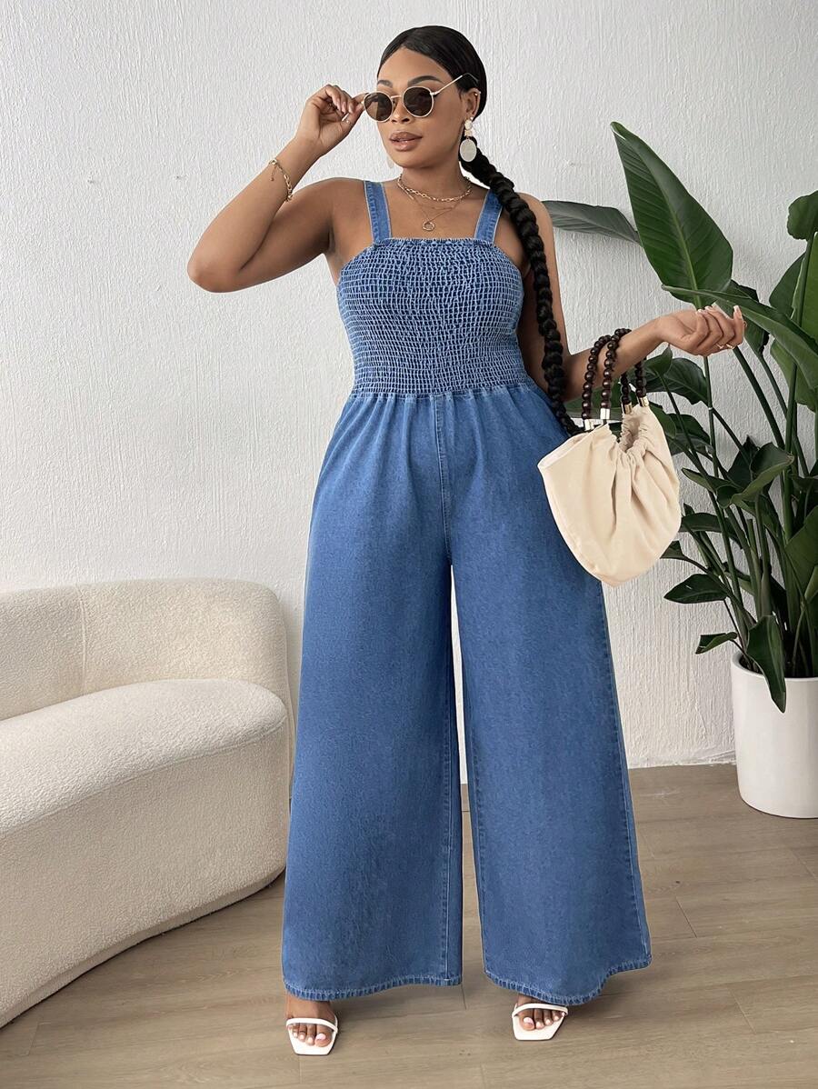 SHEIN SXY Quần áo denim có kích thước lớn Lộ Lưng Dải chun màu trơn Giải trí - Rửa trung bình - Xem 1