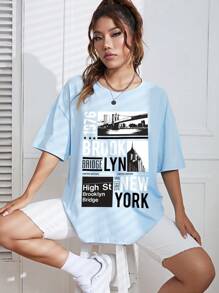 SHEIN EZwear Áo thun nữ Đồ họa Slogan Giải trí - Màu xanh nhạt - Xem 4