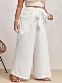 SHEIN VCAY Plus Tie Front Wide Leg Pants - White - View 2