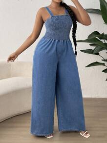 SHEIN SXY Quần áo denim có kích thước lớn Lộ Lưng Dải chun màu trơn Giải trí - Rửa trung bình - Xem 4