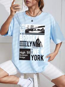 SHEIN EZwear Áo thun nữ Đồ họa Slogan Giải trí - Màu xanh nhạt - Xem 7