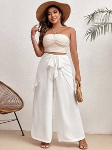 SHEIN VCAY Plus Tie Front Wide Leg Pants - White - View 1