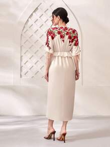 Mulvari 印花荷葉邊連衣裙 - 杏色 - 查看 2