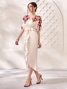 Mulvari 印花荷葉邊連衣裙 - 杏色 - 查看 3