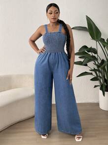 SHEIN SXY Quần áo denim có kích thước lớn Lộ Lưng Dải chun màu trơn Giải trí - Rửa trung bình - Xem 6