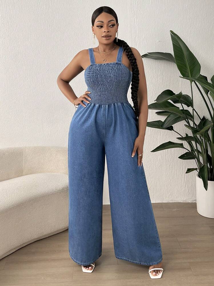 SHEIN SXY Plus Solid Shirred Bodice Wide Leg Cami Denim Jumpsuit