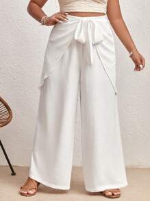 SHEIN VCAY Plus Tie Front Wide Leg Pants - White - View 4