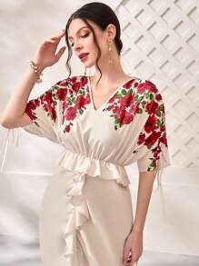 Mulvari 印花荷葉邊連衣裙 - 杏色 - 查看 4