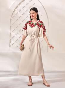 Mulvari 印花腰部抽繩蝙蝠袖連衣裙 - 杏色 - 查看 1