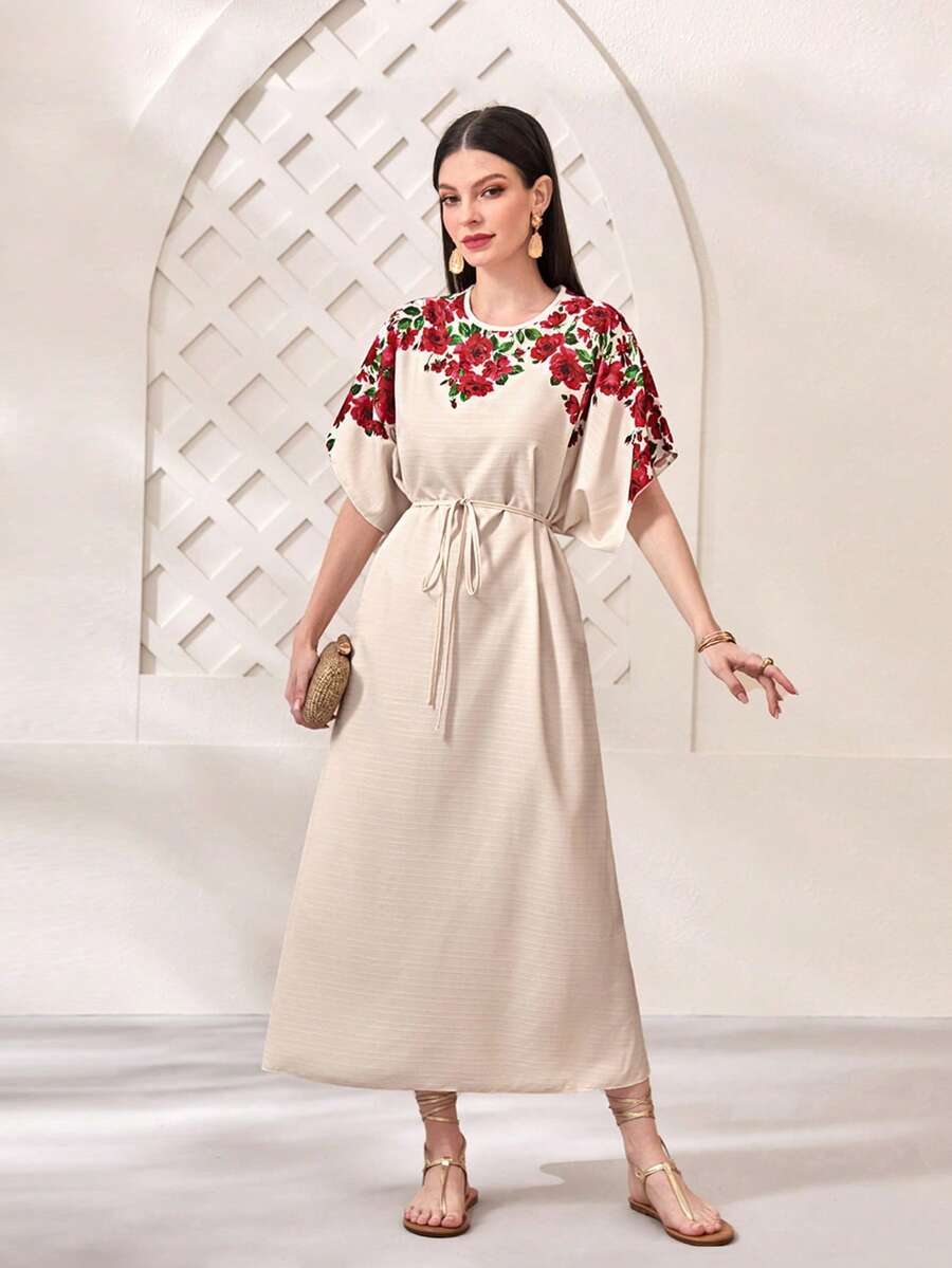 Mulvari 印花腰部抽繩蝙蝠袖連衣裙 - 杏色 - 查看 1