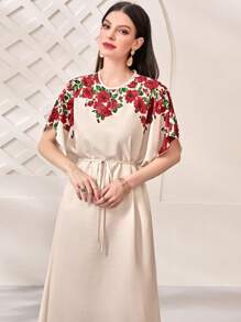 Mulvari 印花腰部抽繩蝙蝠袖連衣裙 - 杏色 - 查看 3