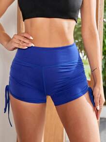 Quần Shorts Thể thao Nữ Dây kéo Xù màu trơn - Màu xanh lam - Xem 4