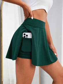 SHEIN Essnce Solid High Waist Skort With Phone Pocket - Dark Green - View 3