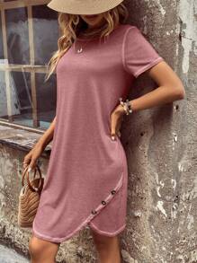 SHEIN LUNE Solid Button Detail Tee Dress - Dusty Pink - View 1