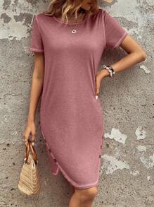 SHEIN LUNE Solid Button Detail Tee Dress - Dusty Pink - View 4