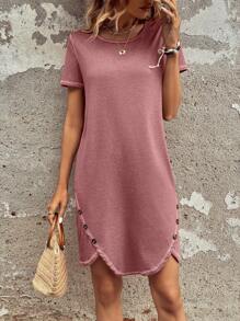 SHEIN LUNE Solid Button Detail Tee Dress - Dusty Pink - View 5