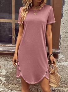 SHEIN LUNE Solid Button Detail Tee Dress - Dusty Pink - View 6
