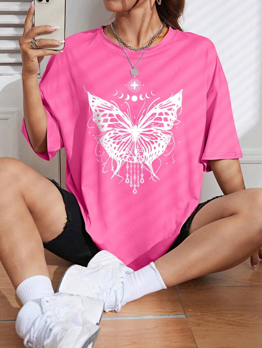 SHEIN Qutie In bướm Áo thun Thả vai - Hồng - Xem 1