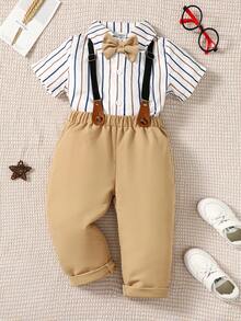 SHEIN Young Boy Striped Bow Front Shirt & Suspender Trousers Set - Multicolor - View 8