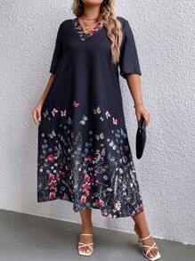 EMERY ROSE 大碼印花V領連衣裙 - 黑色 - 查看 1