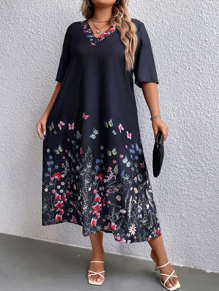 EMERY ROSE 大碼印花V領連衣裙 - 黑色 - 查看 1