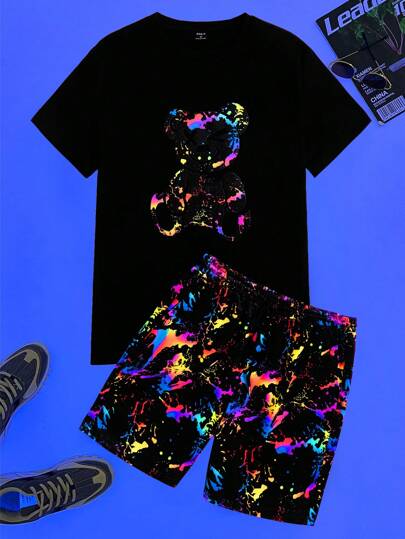 Guys Reflective Bear Print Tee & Shorts