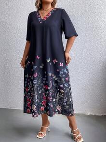 EMERY ROSE 大碼印花V領連衣裙 - 黑色 - 查看 6