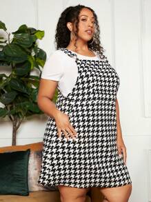 SHEIN CURVE+ Plus Houndstooth Print Pinafore Dress Without Tee - Black and White - View 6