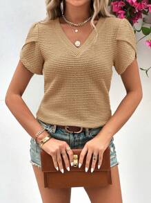 SHEIN LUNE Áo thun nữ màu trơn Giải trí - Màu Khaki - Xem 3