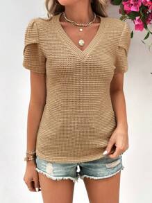 SHEIN LUNE Áo thun nữ màu trơn Giải trí - Màu Khaki - Xem 4