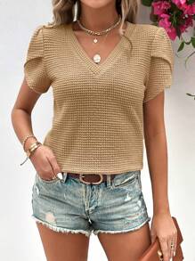 SHEIN LUNE Áo thun nữ màu trơn Giải trí - Màu Khaki - Xem 5