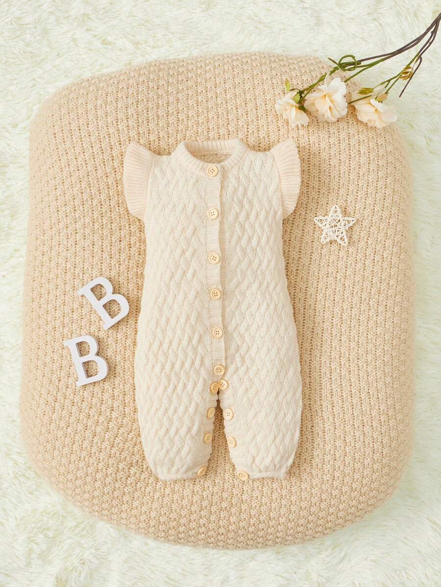 SHEIN 男女嬰通用女嬰,,休閒,舒服,時尚,簡約風,柔軟,實際,多用途,可愛杏荷葉邊針織質感紋理無袖連身短褲 - 杏色 - 查看 1