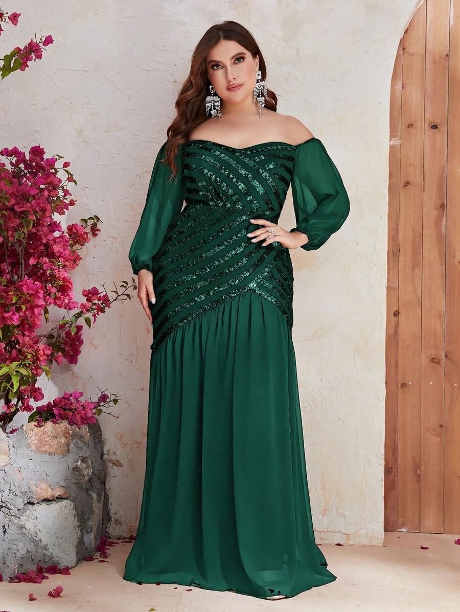 YISIKADO Plus Off Shoulder Sequin Insert Contrast Mesh Formal Dress - Dark Green - View 1
