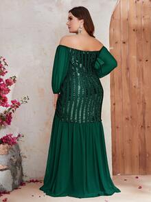 YISIKADO Plus Off Shoulder Sequin Insert Contrast Mesh Formal Dress - Dark Green - View 2