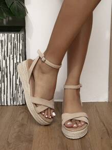 Women Espadrille Ankle Strap Wedge Sandals, Faux Suede Vacation Sandals