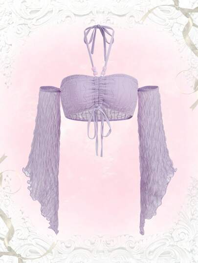 Kawaii Mermaid Solid Drawstring Front Crop Halter Top