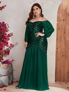 YISIKADO Plus Off Shoulder Sequin Insert Contrast Mesh Formal Dress - Dark Green - View 5