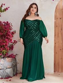 YISIKADO Plus Off Shoulder Sequin Insert Contrast Mesh Formal Dress - Dark Green - View 6
